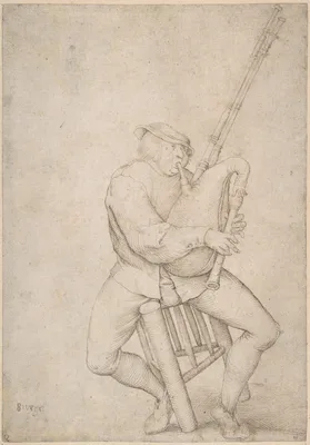 Seated Man, Precariously Balanced, Playing Bagpipes — Pieter Bruegel the Elder · Anonymous, Netherlandish, 16th century