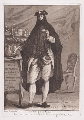 A man wearing a mask drinking a cup of coffee (Le Masque au Caffé), title page to "Divers Portraits" — Giovanni David
