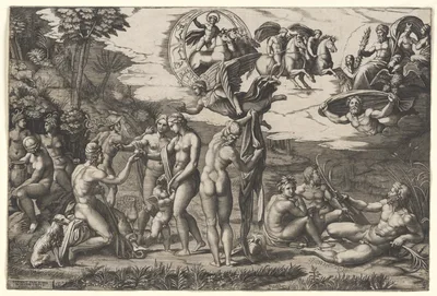 The Judgment of Paris; he is sitting at left with Venus, Juno and Pallas Athena, a winged victory above; in the upper section the Sun in his chariot preceeded by Castor and Pollux on horseback; at lower right two river gods and a naiad above whom Jupiter, an eagle, Ganymede, Diana and another Goddess — Marcantonio Raimondi · Raphael (Raffaello Sanzio or Santi)