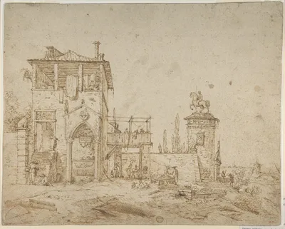 Fanciful Landscape (Landscape with Villa Building and Equestrian Monument) — Canaletto