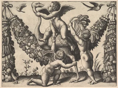 Three putti before a large garland, the one in the middle rides an ostrich, from a series of tapestries made for Leo X — Raphael (Raffaello Sanzio or Santi) · Master of the Die · Giovanni da Udine (Giovanni dei Ricamatori)