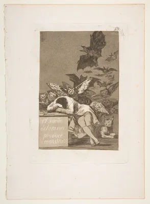 Plate 43 from "Los Caprichos": The sleep of reason produces monsters (El sueño de la razon produce monstruos) — Francisco Goya