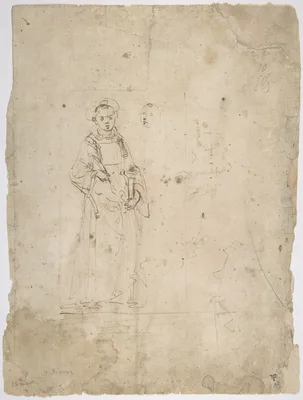 Standing Figure of Saint Stephen and the Head of Another Figure Within the Framing Outlines of a Rectangle, Crude Sketch of the Head of Another Figure, Undecipherable Sketch of a Polygonal or Circular Object with Small Projections — Domenico Ghirlandaio