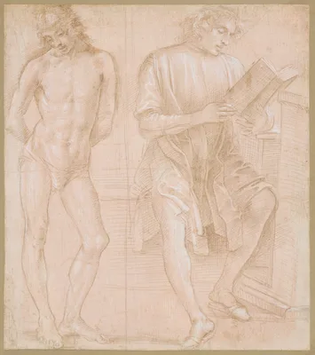 Standing Youth with Hands Behind His Back, and a Seated Youth Reading (recto); Two Studies of Hands (verso) — Filippino Lippi