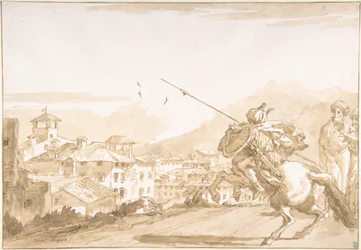 Turkish Lancer and Onlookers Approaching a Town — Giovanni Domenico Tiepolo