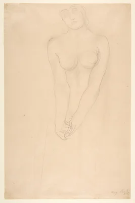 Nude female figure standing with clasped hands — Auguste Rodin