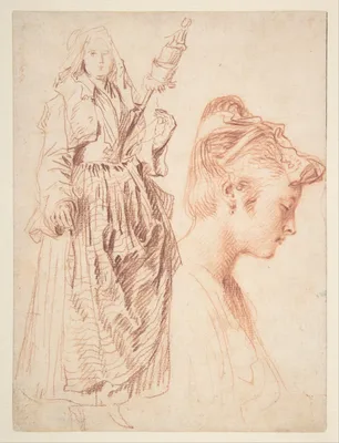 Standing Woman Holding a Spindle, and Head of a Woman in Profile to Right — Jean-Antoine Watteau