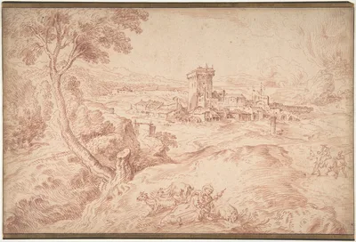 Landscape with an Old Woman Holding a Spindle, after Domenico Campagnola — Antoine Watteau · Domenico Campagnola