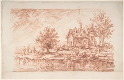 Farm House along a River, two figures at left — Jean-Antoine Watteau