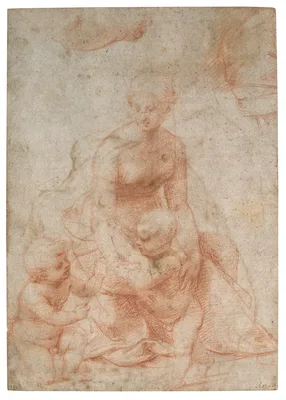 Madonna and Child with the Infant Saint John the Baptist; upper left, Study for the Right Arm of the Infant Saint John; upper right, Study for Drapery (recto); Study of a Nude Male Figure (verso) — Raphael