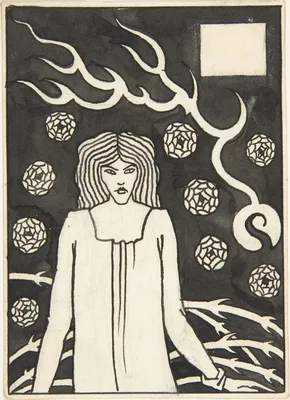 Young Woman Surrounded by Briars, Lightning and Roses (Chapter Heading, "Le Morte d'Arthur," J. M. Dent 1893–94, Part III, book vi, chapter xvii, p. 215 and Part VII, book x, chapter xxii, p. 500) — Aubrey Vincent Beardsley · Sir Thomas Malory