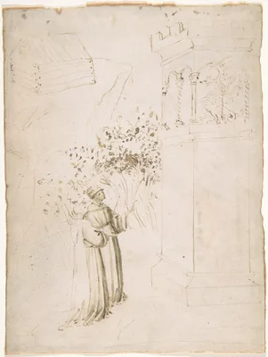Two Monks Looking up at a Dragon in a Tower — Anonymous, Italian, Tuscan, early 15th century