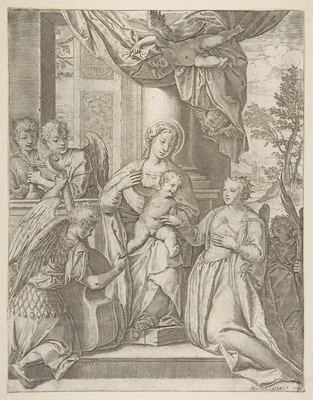 The mystic marriage of Saint Catherine who sits at center with the Christ child, angels with instruments at the left — Agostino Carracci · Paolo Veronese (Paolo Caliari)