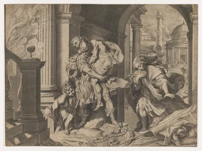 Aeneas and his family fleeing Troy — Agostino Carracci · Federico Barocci · Donato Rasicotti