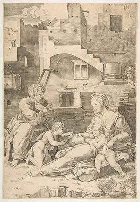 Virgin of the Long Thigh; the Virgin reclining on the ground her left leg outstretched supporting the infant Christ who reaches across to the infant John the Baptist, Joseph seated at left, buildings in the background — Raphael (Raffaello Sanzio or Santi) · Marco Dente · Giulio Romano · Antonio Salamanca