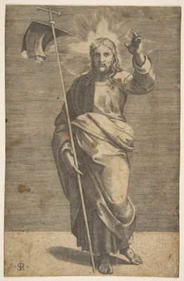 Christ standing facing forward, holding a cross with a banner and raising his left hand — Raphael (Raffaello Sanzio or Santi) · Marco Dente · Marcantonio Raimondi