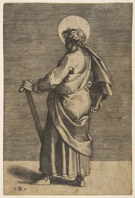 Saint Simon standing facing left, holding a saw and a book — Raphael (Raffaello Sanzio or Santi) · Marcantonio Raimondi · Marco Dente