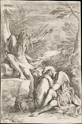 Dream of Aeneas: Aeneas rests his head on his hands atop his shield, while the river god Tiber leans on a vessel and points upward with his left hand — Salvator Rosa