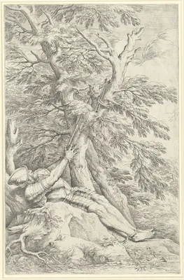 Saint William of Maleval, hands tied with rope fastened to a tree — Salvator Rosa