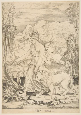 Fortitude in profile view walking toward a fire at left and leading a harnessed lion, a landscape in the background — Raphael (Raffaello Sanzio or Santi) · Marco Dente · Tommaso Vincidor (Tommaso di Andrea) · Antonio Salamanca