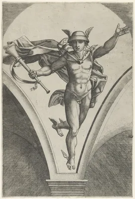 Mercury descending from the sky a trumpet in his right hand, after Raphael's fresco in the Chigi Gallery of the Villa Farnesina in Rome — Raphael (Raffaello Sanzio or Santi) · Marcantonio Raimondi
