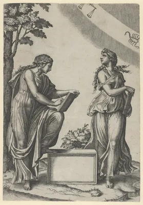 Two women of the zodiac standing beneath the signs of Libra and Scorpio — Raphael (Raffaello Sanzio or Santi) · Marcantonio Raimondi