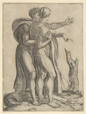Two naked men, the sons of Noah, standing in profile facing right, both pointing — Michelangelo Buonarroti · Marcantonio Raimondi