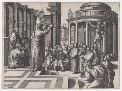 Saint Paul preaching in Athens, after Raphael — Raphael (Raffaello Sanzio or Santi) · Marcantonio Raimondi