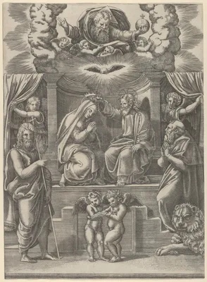 The coronation of the Virgin, God the Father above, St Jerome lower right and St John the Baptist lower left — Raphael (Raffaello Sanzio or Santi) · Master of the Die