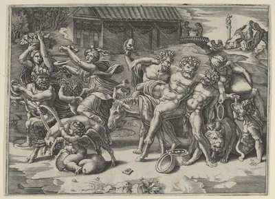 The procession of Silenus who is carried on an ass preceeded by a bacchant playing the cymbals and other figures — Agostino Veneziano (Agostino dei Musi) · Giulio Romano · Raphael (Raffaello Sanzio or Santi)