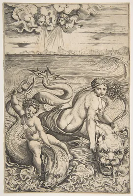 Venus and Cupid riding two sea creatures, Cupid raising an arrow with his right hand and two heads representing wind in the clouds above — Raphael (Raffaello Sanzio or Santi) · Marco Dente