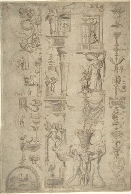 Design of Antique-Style Ornament ("Grotteschi") — Anonymous, Italian, 16th century · Raphael (Raffaello Sanzio or Santi)