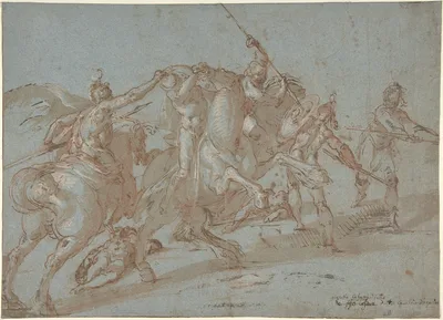 Classical Battle Scene; Verso: Peter and John Heal a Cripple at the Gate of the Temple — Bartholomeus Spranger