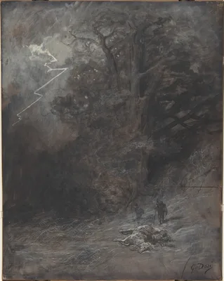 A Rider and a Dead Horse in a Landscape — Gustave Doré
