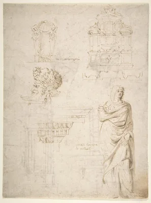 Sketches of a Funeral Monument, a Niche with Statues, a Helmet in the Shape of a Human Head, an Entablature and a Female Statue — Michelangelo