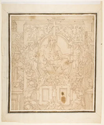 Design for a Wall Decoration with a River God and Putti carrying the Symbols of King François I — Anonymous, French, School of Fontainebleau, 16th century · Leonard Thiry