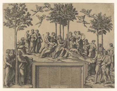 Apollo sitting on Parnassus surrounded by the muses and famous poets — Raphael (Raffaello Sanzio or Santi) · Marcantonio Raimondi