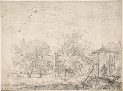 House among Trees, at Right Man and Dog on a Footbridge — Jacob van Ruisdael