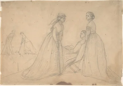Three Women in Conversation beside a Croquet Field (recto); Studies of a Ballet Dancer, a Woman's Profile, and a Seated Woman (verso) — Louisa Starr