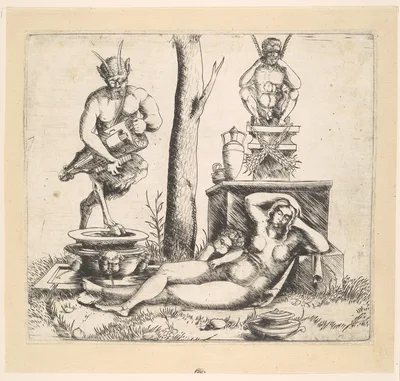 Satyr playing a lyre and a sleeping nymph — Meister von 1515