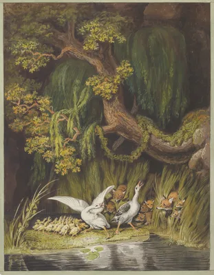 A Goose and a Gander with their Goslings Honking in Alarm as Two Foxes with their Cubs Emerge from the Rushes — Johann Heinrich Wilhelm Tischbein