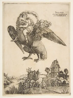 Ganymede as a young boy riding a large eagle (Zeus) in flight above a landscape — Giulio Campagnola · Andrea Mantegna