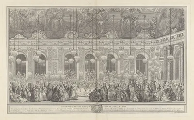 Decoration for a Masked Ball at Versailles, on the Occasion of the Marriage of Louis, Dauphin of France, and Maria Theresa, Infanta of Spain (Bal masqué donné par le roi, dans la grande galerie de Versailles, pour le mariage de Dauphin, 1745) — Charles Nicolas Cochin I · Charles Nicolas Cochin II