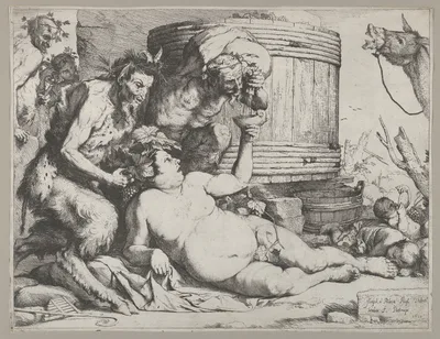 Drunken Silenus holding a cup aloft into which a Satyr pours wine — Jusepe de Ribera