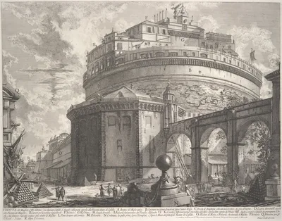 View of the Mausoleum of the Emperor Hadrian (now called Castel S. Angelo) from the rear, from Vedute di Roma (Roman Views) — Giovanni Battista Piranesi · Bouchard & Gravier