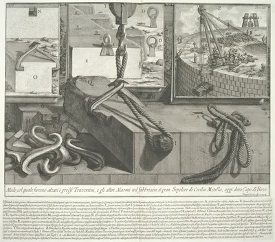 Means by which the large blocks of travertine and marble were lifted during the construction of the large Tomb of Caecilia Metella, from Le Antichità Romane (Roman Antiquities), tome 3, tavola 53 — Giovanni Battista Piranesi · Angelo Rotili