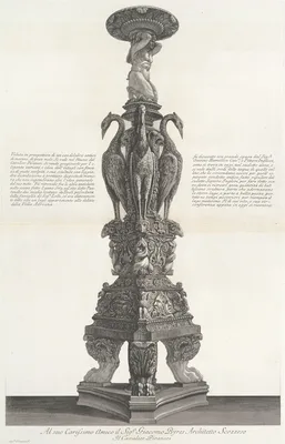 Perspective view of the same candelabrum, from "Vasi, candelabri, cippi, sarcofagi, tripodi, lucerne, ed ornamenti antichi disegnati ed incisi dal Cav. Gio. Batt. Piranesi, Vol. II" (Vases, candelabra, grave stones, sarcophagi, tripods, lamps, and ornaments designed and etched by Cavalieri Giovanni Battista Piranesi) — Giovanni Battista Piranesi