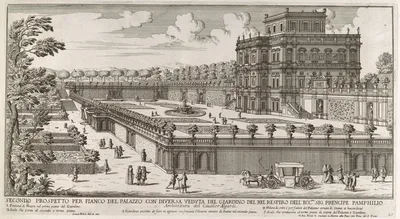 View of the side facade of the Palazzo Pamphili and its garden (Secondo prospetto per fianco del palazzo con diversa veduta del giardino del Bel respiro...Pamphilio) — Simon Felice · Giovanni Giacomo De Rossi