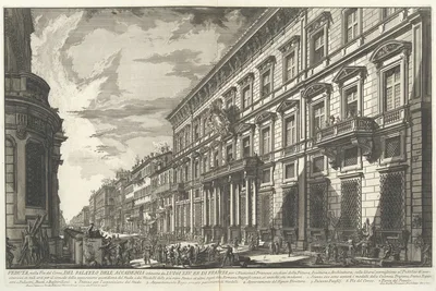 View along the Via del Corso of the Palazzo dell'Accademia, established by Louis XIV, King of France for French students of Painting, Sculpture and Architecture..., from "Vedute di Roma" (Views of Rome), part I — Giovanni Battista Piranesi