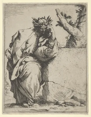 The poet, standing crowned with laurel, leaning on a stone — Jusepe de Ribera